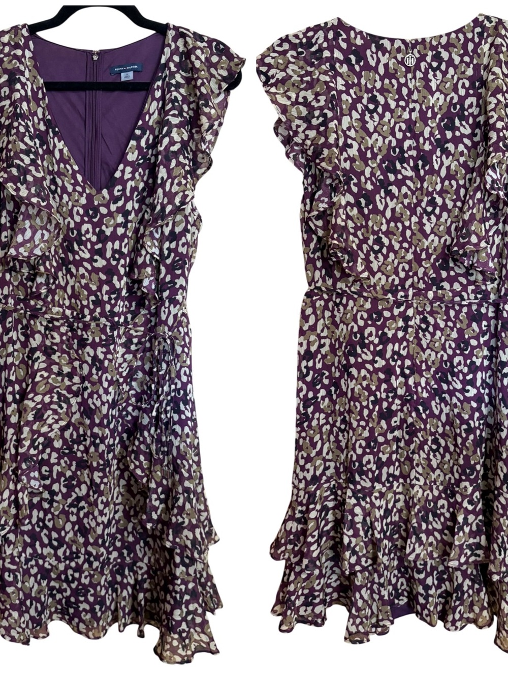 Tommy Hilfiger Purple Leopard Ruffle Short Sleeve VNeck Lined Mini Dress 14 NWT